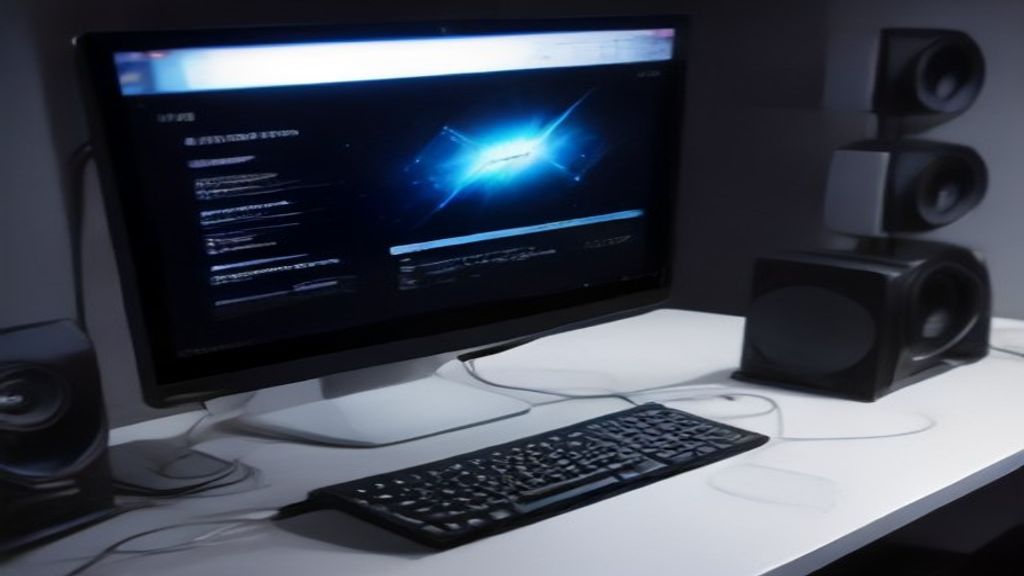 A sleek modern gaming laptop opened on a wooden desk with vibrant RGB lighting, background showing a city skyline at dusk