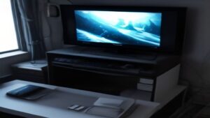 A sleek monitor on a minimal desk showing a vibrant game scene with soft RGB glow