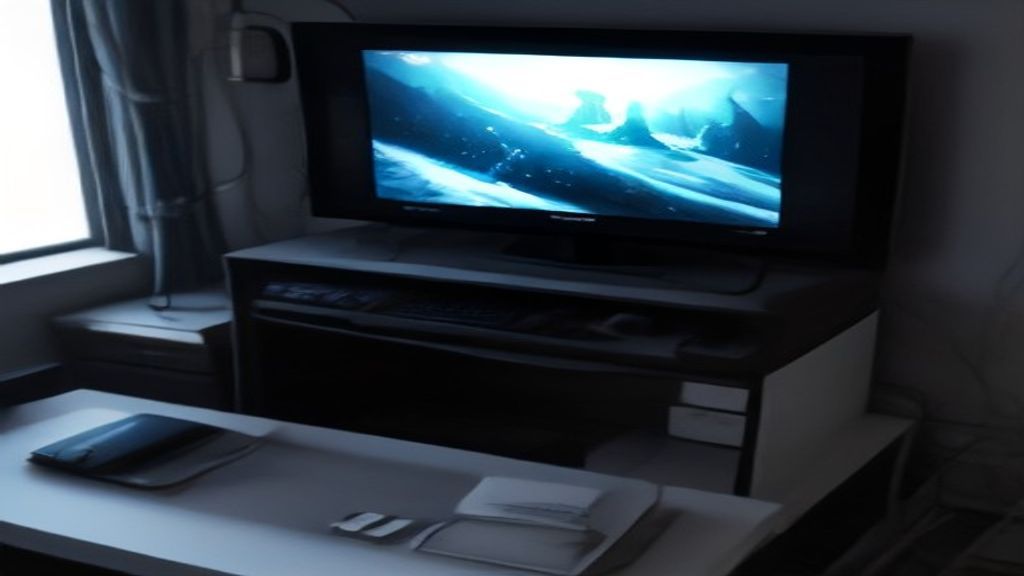A sleek monitor on a minimal desk showing a vibrant game scene with soft RGB glow