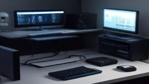 A sleek gaming desk with three budget monitors displaying fast-paced gameplay, surrounded by RGB lighting and a compact PC tower