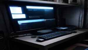 Modern desk with a disassembled PC case, RGB GPU, CPU, RAM, tools, and a monitor displaying code