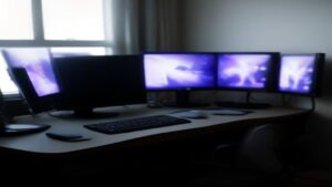 Professional office scene with team collaborating around digital touchscreen displaying cloud infrastructure and data flow graphics