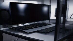 Futuristic server room with blue light trails, a gamer using a smartphone, showing seamless streaming
