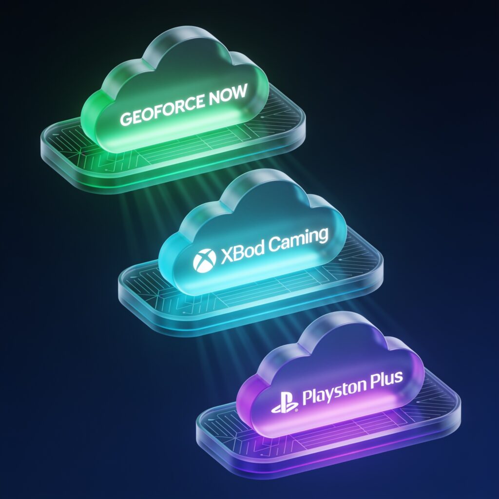 Split‑screen hero featuring GeForce Now, Xbox and PlayStation Plus logos beside modern consoles and floating cloud servers