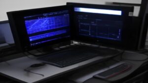 A data center with rows of modern servers, blinking fiber optic cables, and soft ambient lighting, creating a calm, futuristic atmosphere