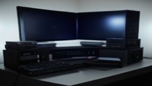 Professional workspace with dual monitors displaying performance metrics and code optimization dashboards in a modern office environment