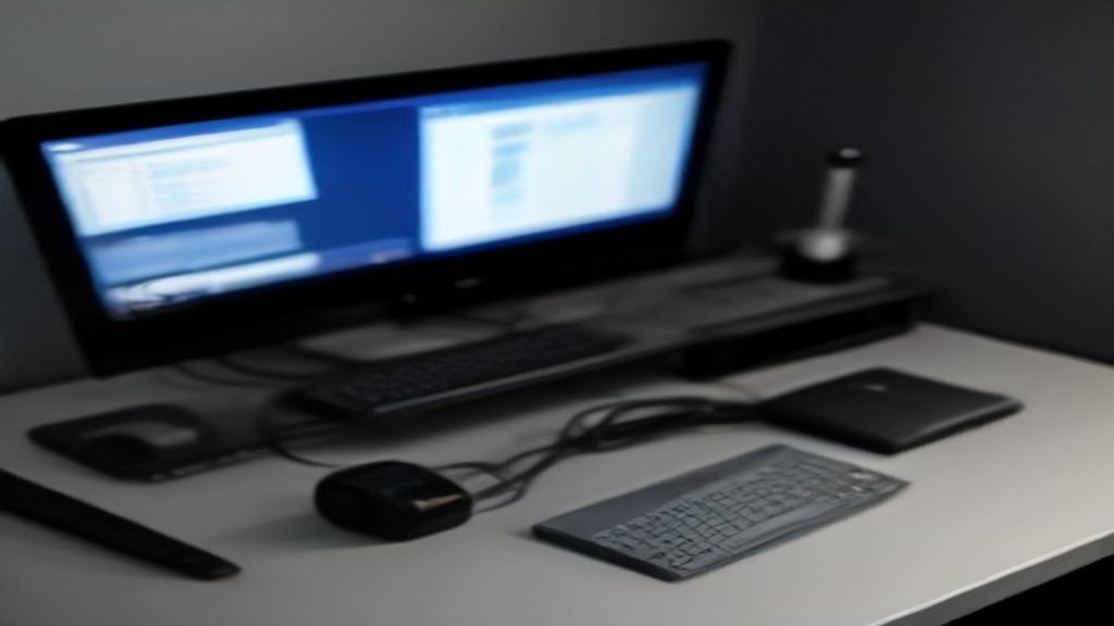 A modern desk setup with a high‑resolution monitor, laptop, and ambient lighting, showing code on screen and a cityscape visible through a window, emphasizing tech performance.