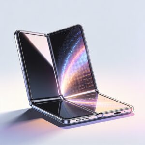 A sleek foldable OLED smartphone lying flat on a dark surface, glowing blue and black light reflecting off the curved display edges.