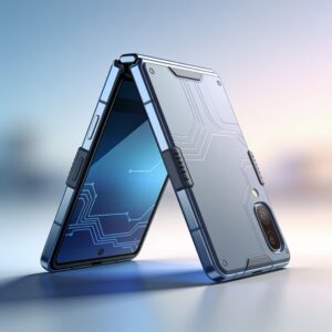 A sleek foldable smartphone 2026 model displayed on a modern desk with a user interacting with its flexible screen