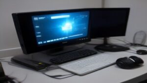 A futuristic cloud gaming scene with multiple gamers using high-tech devices connected to glowing server racks, vibrant neon lights, and holographic game interfaces in a modern tech environment