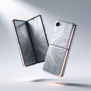 A sleek unfolded foldable phone displaying a vibrant holographic interface on a modern desk