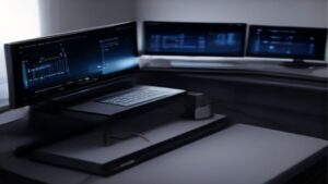 A futuristic gaming arena with holographic displays, VR headsets, and cloud streaming icons under neon lights