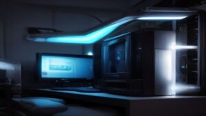 Sleek futuristic gadgets, holographic screens, wearable tech, and smart home devices on a polished surface.