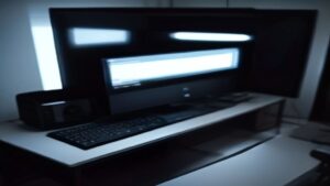 A black gaming headset with glowing RGB ear cups sits on a dark desk under soft blue light