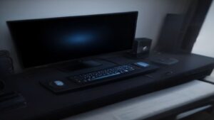 A futuristic desk setup showcases three gaming monitors with ultra-thin bezels, glowing RGB accents, and high-refresh OLED displays.