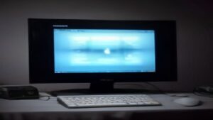 A futuristic computer setup with glowing AI neural network overlays boosting frame rates on a high-end gaming monitor