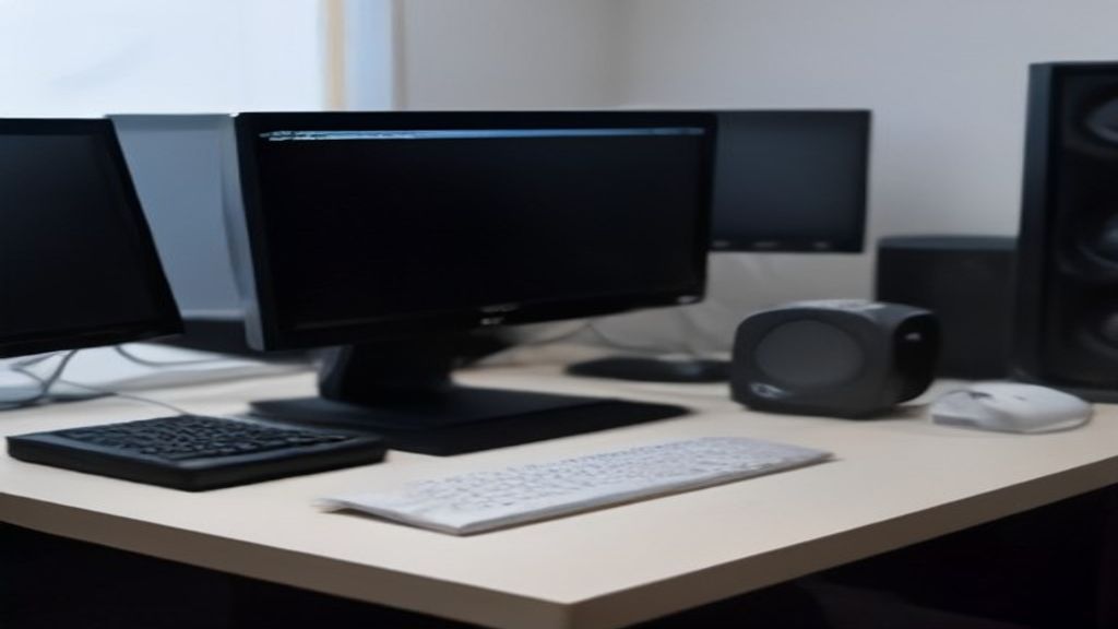 Sleek PC setup displaying a benchmark comparison of AI upscaling technologies, with one monitor showing a pixelated low-resolution scene and another showing a crisp upscaled version