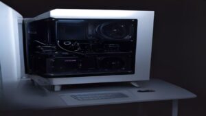 A split-screen comparison showing DLSS 4 and FSR 4 upscaling results on a modern gaming monitor, with performance graphs and hardware icons