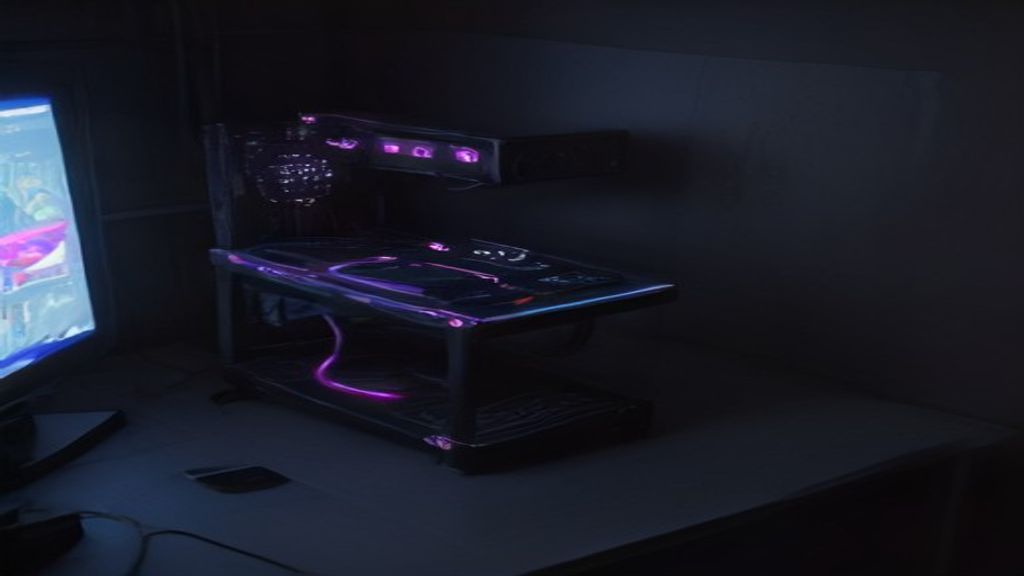 Sleek silver gaming laptop on a dark desk displaying vibrant game graphics, surrounded by floating FPS and battery performance graphs in glowing blue and amber tones