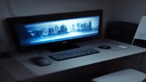 A vintage laptop on a wooden desk showing a minimalist Tux penguin with gears and speed lines, symbolizing lightweight Linux performance