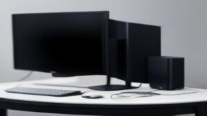 A gaming setup with a monitor showing a Linux desktop game launcher, RGB lighting, and a keyboard in a dark room