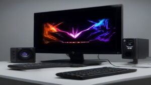 A gamer in a sleek neural headset explores a luminous virtual arena with glowing neural pathways and floating data panels