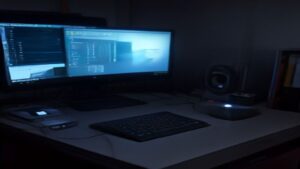 Modern server room with glowing blue circuit boards and high-performance processors arranged in a clean layout