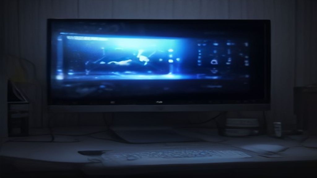 Close-up of an NVIDIA RTX 5090 graphics card installed in a clean PC build, glowing RGB accents and a voltage curve overlay on a monitor behind it
