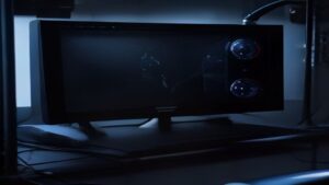 A sleek gaming PC with RGB lighting, a monitor showing AI performance graphs, and futuristic optimization overlays.