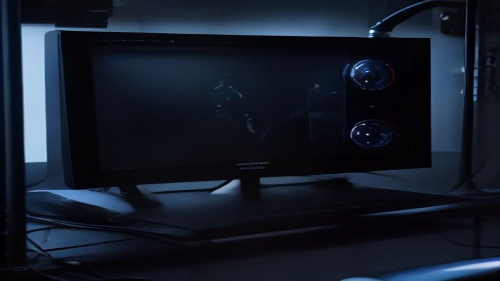 A sleek gaming PC with RGB lighting, a monitor showing AI performance graphs, and futuristic optimization overlays.