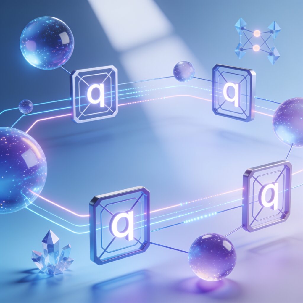 A futuristic quantum computer chip glowing with qubits, surrounded by abstract data streams and circuit patterns in a dark lab setting