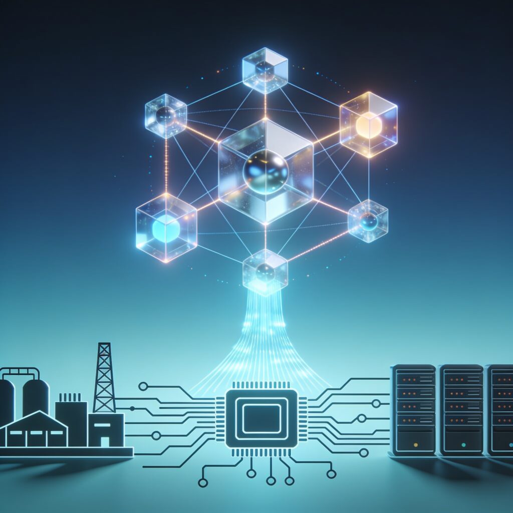 Futuristic quantum computer with glowing blue qubits and holographic data streams in a high-tech lab setting