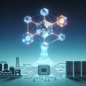 Futuristic quantum computer with glowing blue qubits and holographic data streams in a high-tech lab setting