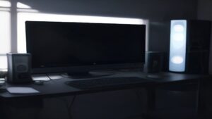 A futuristic quantum computer with glowing qubits and blue light trails on a dark background, representing technological innovation.