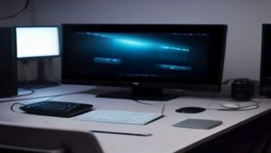 Futuristic gaming scene with a glowing quantum chip, holographic game graphics, and a VR-equipped player on a dark backdrop.