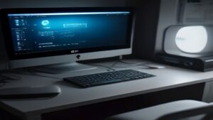 Glowing AI cloud servers streaming a futuristic racing game to a sleek desk setup with neon reflections