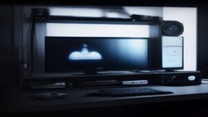 Two high-end graphics cards face off on a dark reflective surface, surrounded by glowing blue and red circuit light trails, with a large monitor showing a cinematic game scene in the background