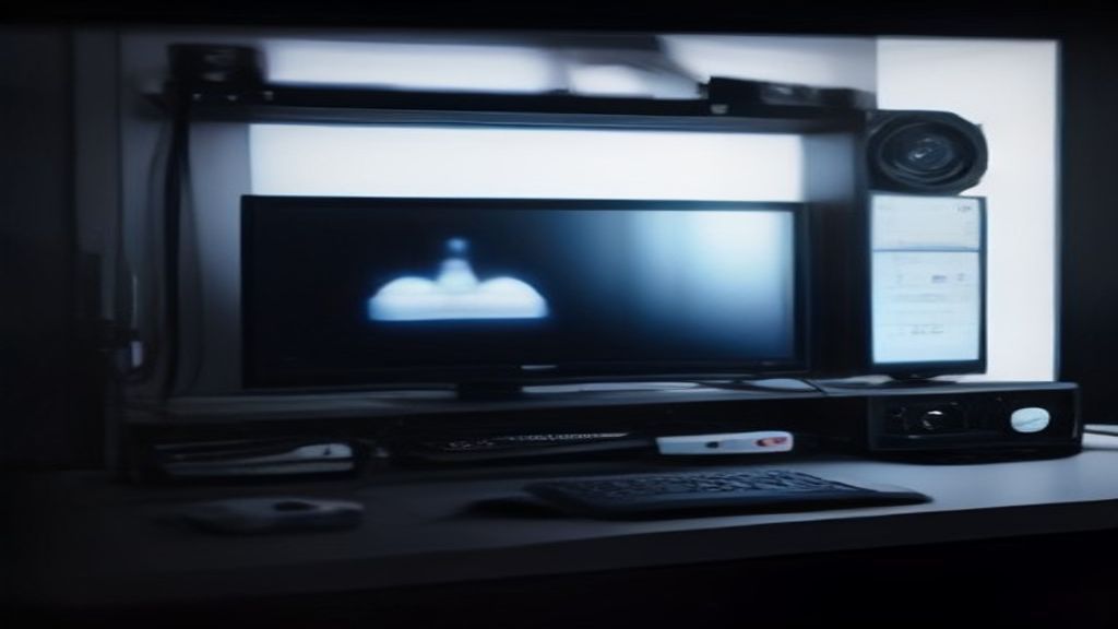 Two high-end graphics cards face off on a dark reflective surface, surrounded by glowing blue and red circuit light trails, with a large monitor showing a cinematic game scene in the background