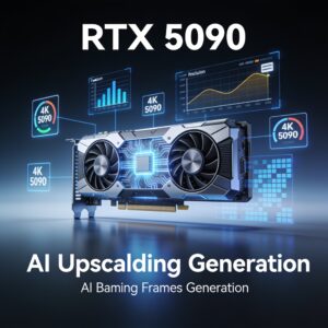 A high-end gaming PC showcasing an RTX 5090 graphics card running a 4K game with vibrant visuals on an ultrawide monitor