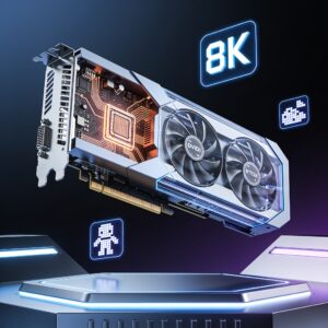 A gaming rig with an NVIDIA RTX 5090 graphics card running an 8K benchmark test, displaying performance graphs on a monitor.
