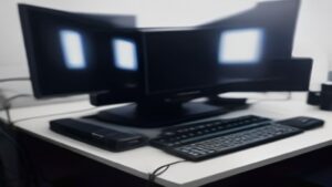 High-end RTX 5090 Founders Edition GPU on a modern desk with ambient lighting and tech accessories