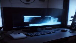 Close‑up of the NVIDIA RTX 5090 Founders Edition graphics card installed on a matte black motherboard with soft blue backlighting