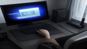 A sleek handheld PC with a glowing screen showing a futuristic game, set against a dark gradient background