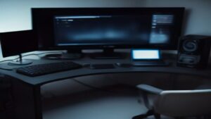 A modern server room with blinking LEDs and a large screen showing performance graphs