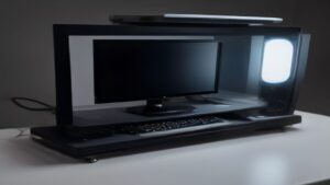 Modern data center rack with holographic screens showing CPU usage, network throughput, and latency metrics