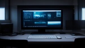 Modern server rack with glowing blue LEDs and data streams in a dark data center