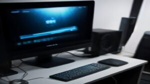 A sleek data center rack with glowing cables and a digital performance dashboard on a wall