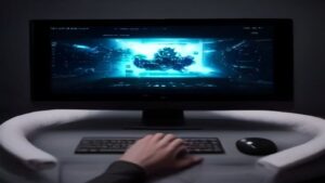 Sleek server rack with glowing blue LEDs against a dark backdrop, symbolizing high-speed data processing