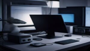 Server rack with glowing performance metrics and digital optimization charts