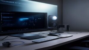 A sleek server rack with glowing blue lights and data streams in a modern data center